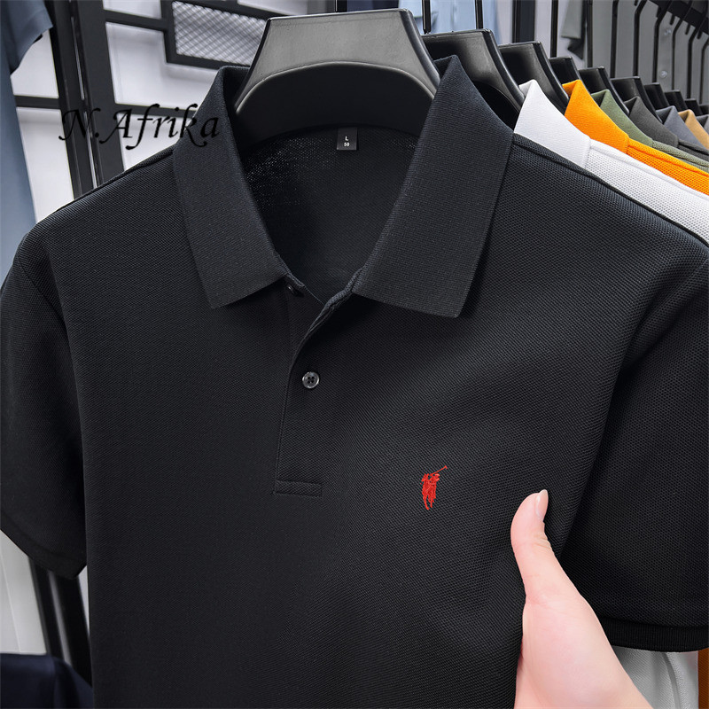 "Nyota wa Afrika"Men Solid Embroidery Polo Shirt Summer Breathable Business Casual Lapel Short Sleeve T-shirt