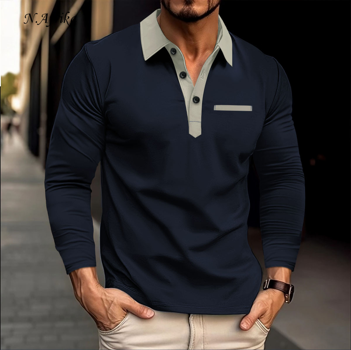 "Nyota wa Afrika"Men POLO shirt Chest Button Solid color Leisure Long sleeved T-shirt
