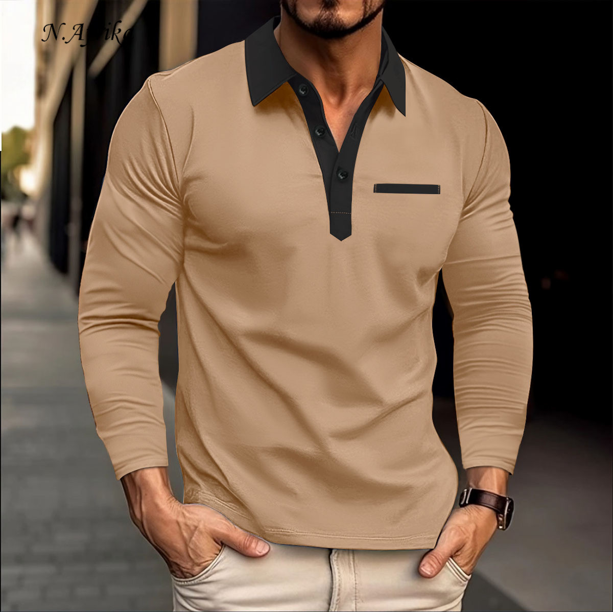 "Nyota wa Afrika"Men POLO shirt Chest Button Solid color Leisure Long sleeved T-shirt