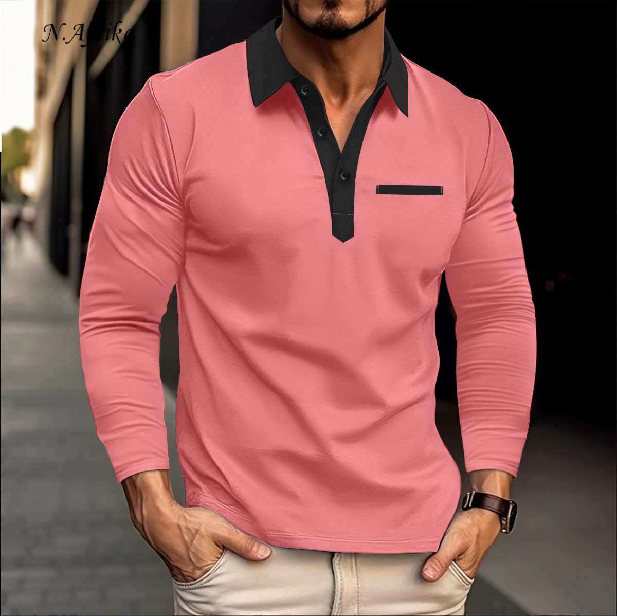 "Nyota wa Afrika"Men POLO shirt Chest Button Solid color Leisure Long sleeved T-shirt