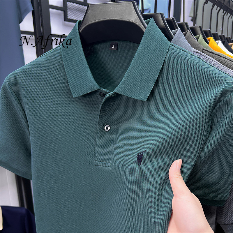 "Nyota wa Afrika"Men Solid Embroidery Polo Shirt Summer Breathable Business Casual Lapel Short Sleeve T-shirt