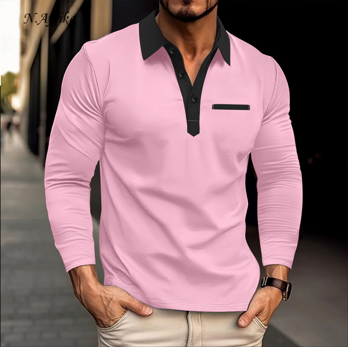 "Nyota wa Afrika"Men POLO shirt Chest Button Solid color Leisure Long sleeved T-shirt