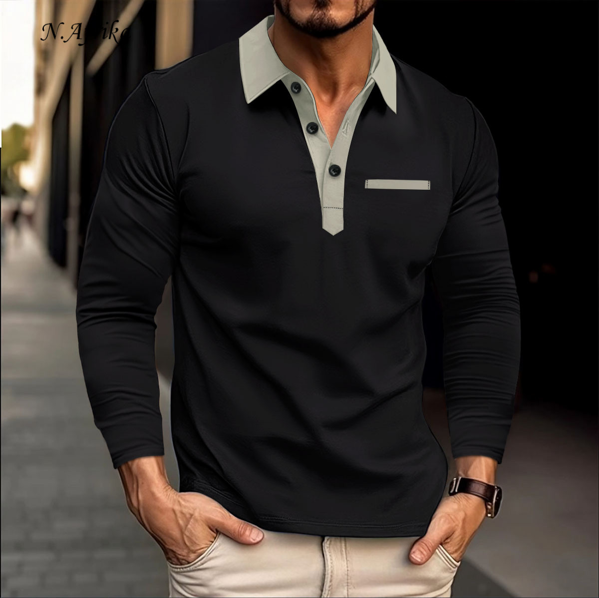 "Nyota wa Afrika"Men POLO shirt Chest Button Solid color Leisure Long sleeved T-shirt