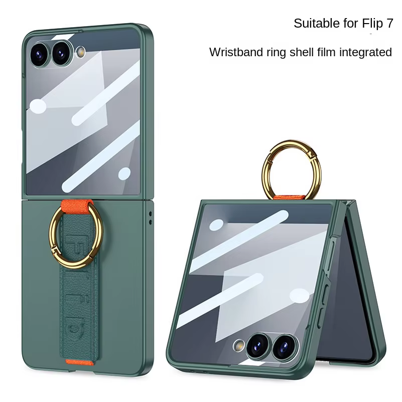 Wrist Strap with Metal Ring Glass Protector All-inclusive Phone Case For Samsung Galaxy Z Flip 7 6 5G Flip6 Camera Protect Cover