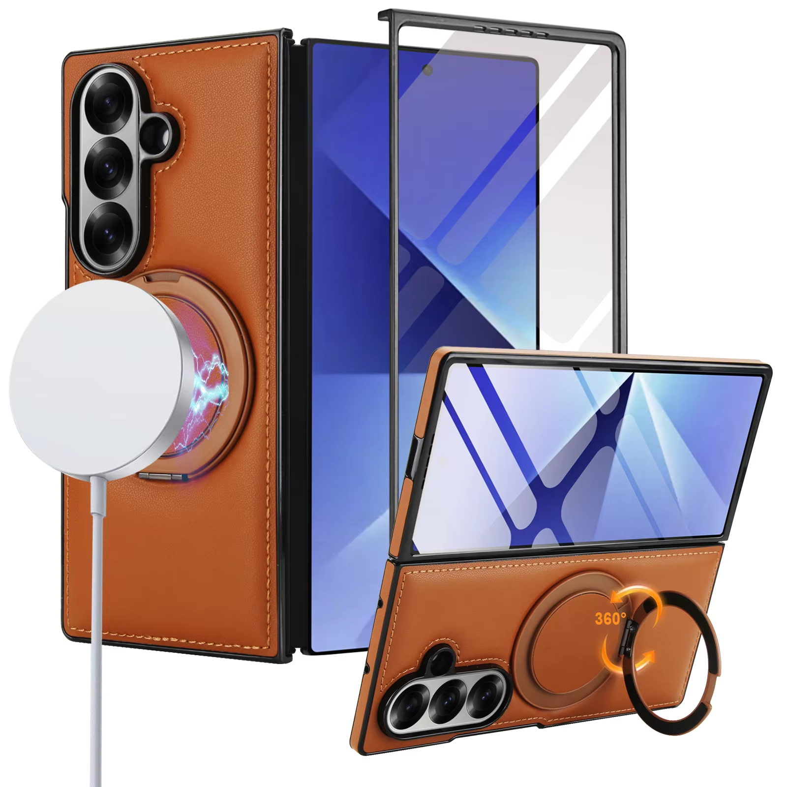360° Magnetic Ring Kickstand Business Leather Case for Magsafe Samsung Galaxy Z Fold 7 6 5 4 3 Macsafe Holder Hard Protect Cover