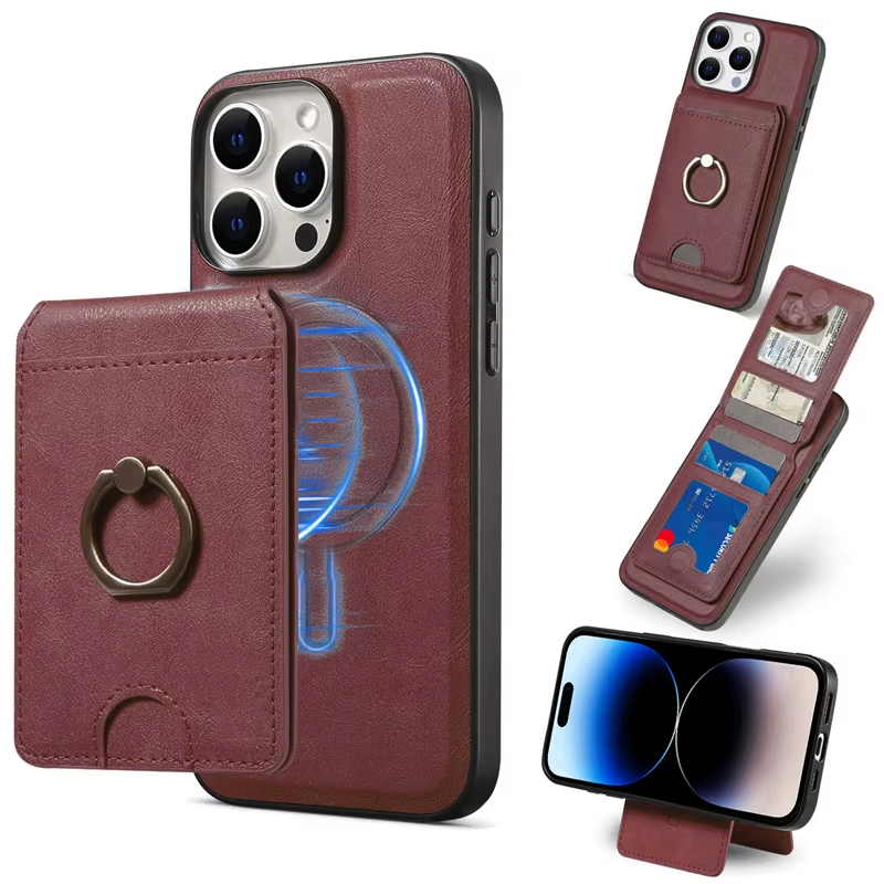 2 in 1 Magnetic Magsafe Leather Flip Wallet Ring Holder Case For iPhone 16 15 14 13 12 17 Pro Max Plus 17Air Safe Stand Cover