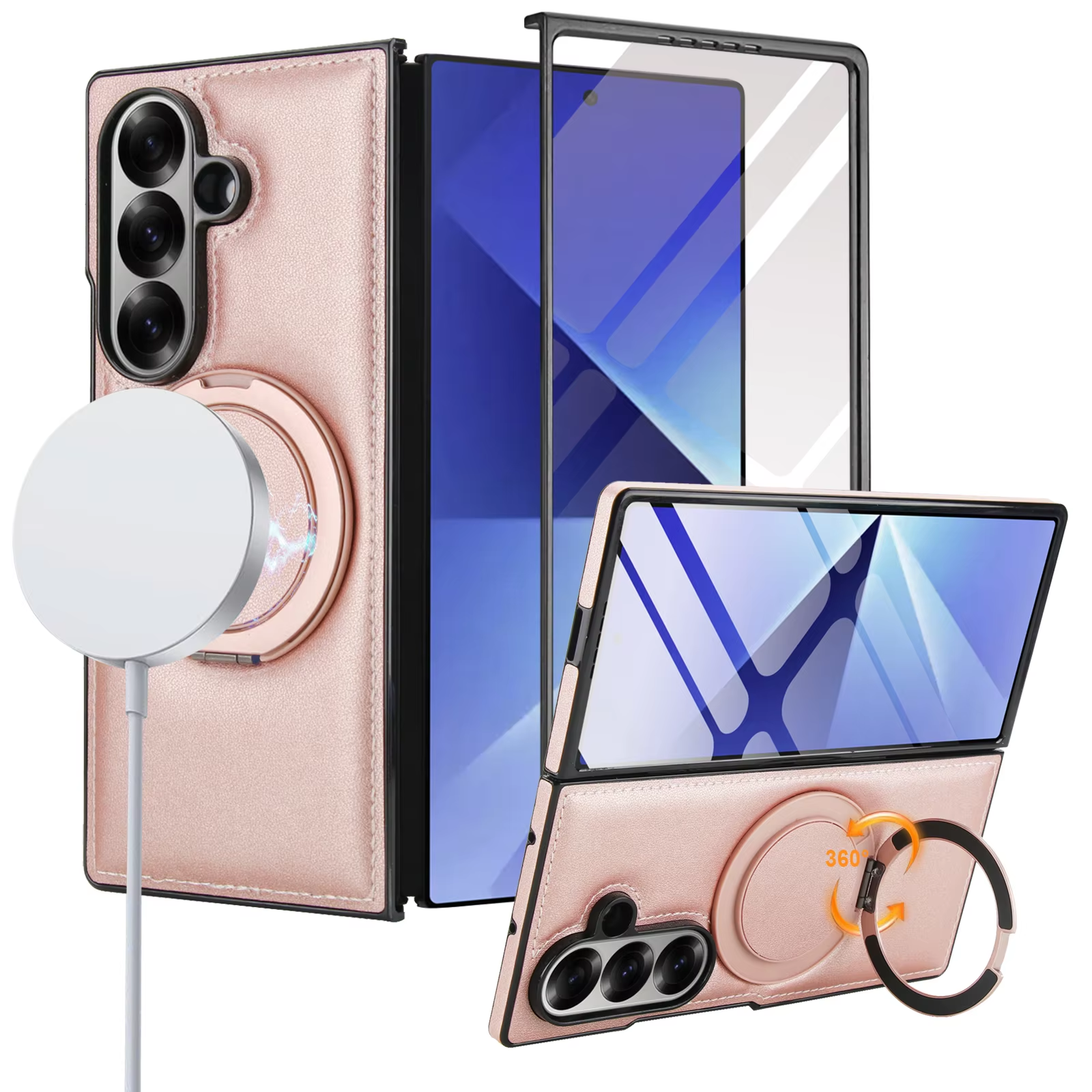 360° Magnetic Ring Kickstand Business Leather Case for Magsafe Samsung Galaxy Z Fold 7 6 5 4 3 Macsafe Holder Hard Protect Cover