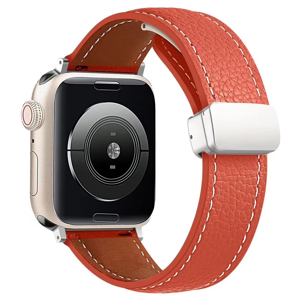 Leather Magnetic Buckle Strap for Apple Watch 44mm 42mm 46mm 45mm 41mm Ultra2 49mm Leather Band for iWatch Series 10 9 8 7 6 5