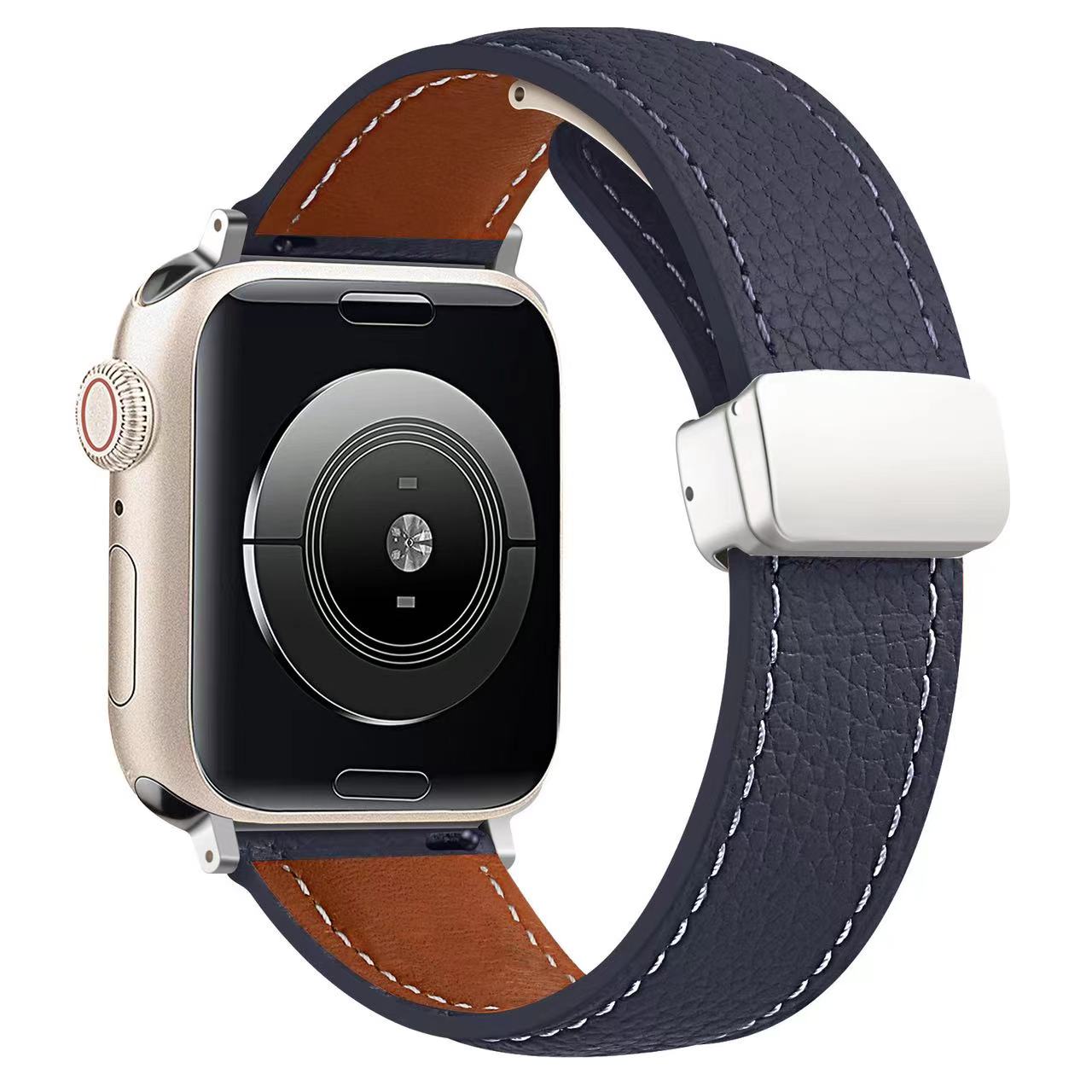 Leather Magnetic Buckle Strap for Apple Watch 44mm 42mm 46mm 45mm 41mm Ultra2 49mm Leather Band for iWatch Series 10 9 8 7 6 5