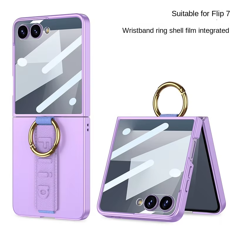 Wrist Strap with Metal Ring Glass Protector All-inclusive Phone Case For Samsung Galaxy Z Flip 7 6 5G Flip6 Camera Protect Cover