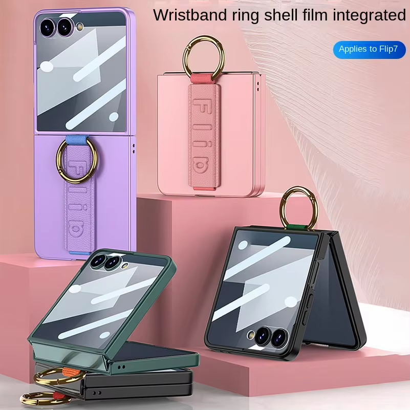 Wrist Strap with Metal Ring Glass Protector All-inclusive Phone Case For Samsung Galaxy Z Flip 7 6 5G Flip6 Camera Protect Cover