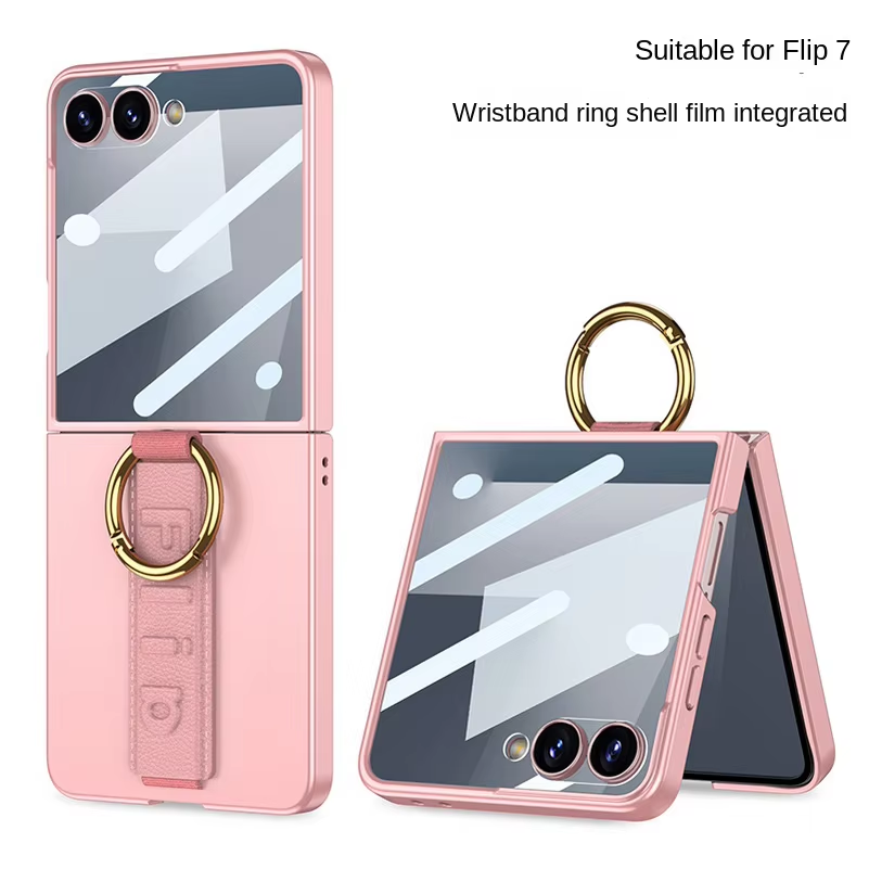 Wrist Strap with Metal Ring Glass Protector All-inclusive Phone Case For Samsung Galaxy Z Flip 7 6 5G Flip6 Camera Protect Cover