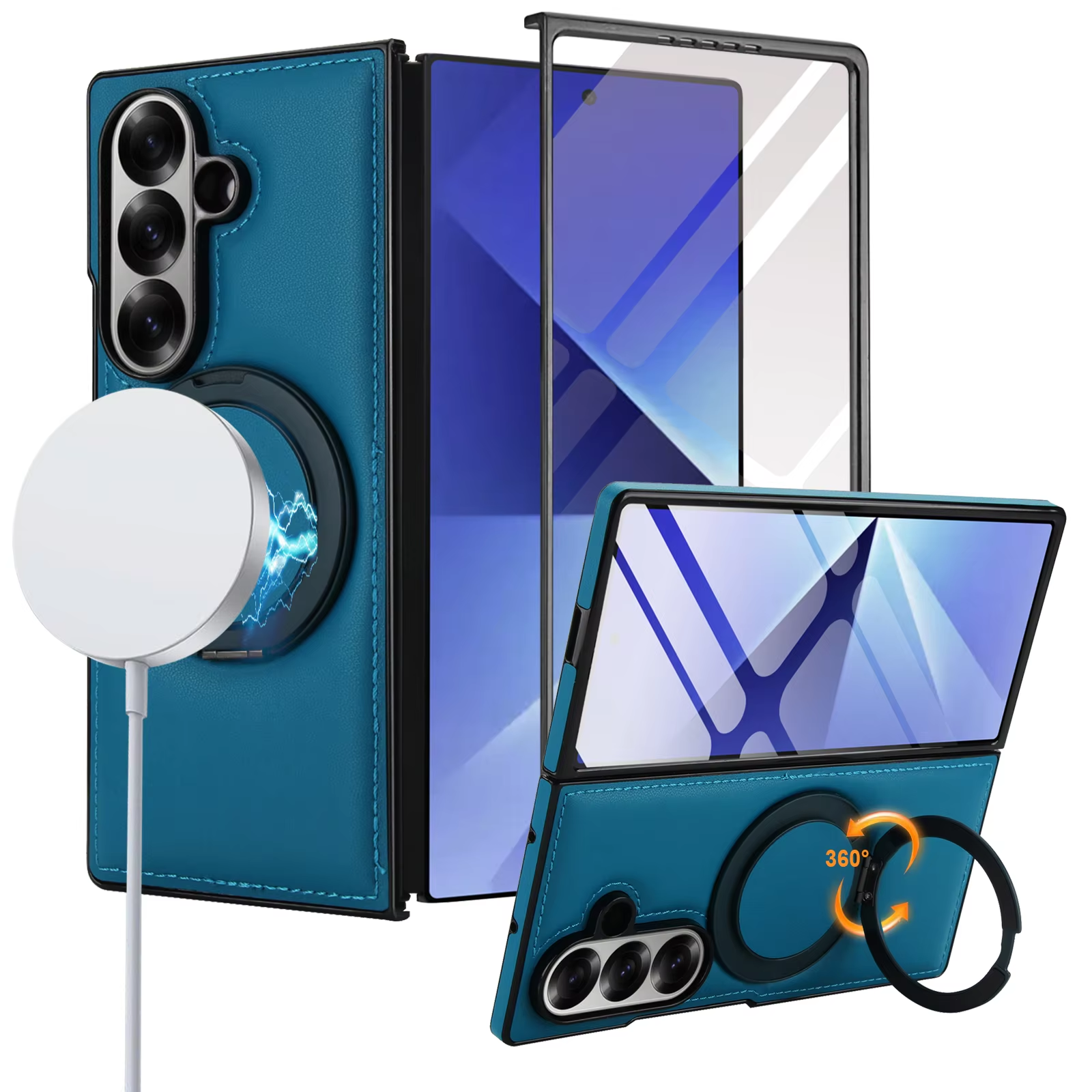 360° Magnetic Ring Kickstand Business Leather Case for Magsafe Samsung Galaxy Z Fold 7 6 5 4 3 Macsafe Holder Hard Protect Cover