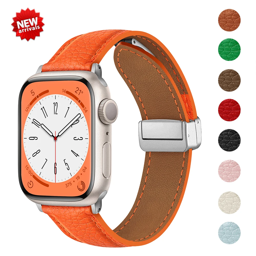 Leather Magnetic Buckle Strap for Apple Watch 44mm 42mm 46mm 45mm 41mm Ultra2 49mm Leather Band for iWatch Series 10 9 8 7 6 5