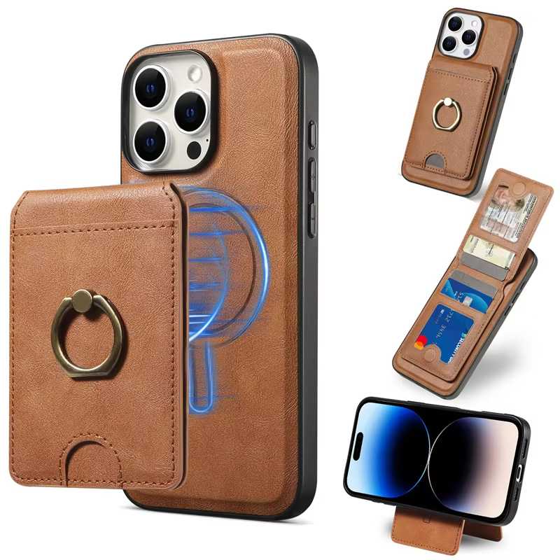 2 in 1 Magnetic Magsafe Leather Flip Wallet Ring Holder Case For iPhone 16 15 14 13 12 17 Pro Max Plus 17Air Safe Stand Cover
