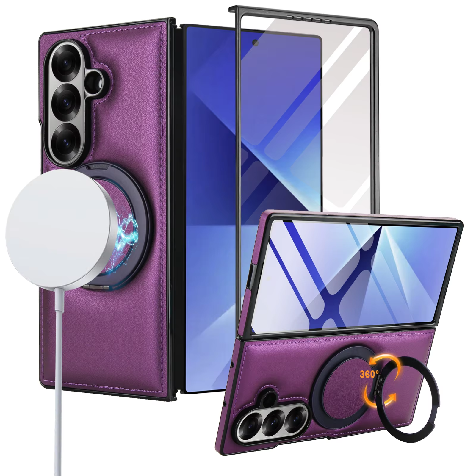 360° Magnetic Ring Kickstand Business Leather Case for Magsafe Samsung Galaxy Z Fold 7 6 5 4 3 Macsafe Holder Hard Protect Cover