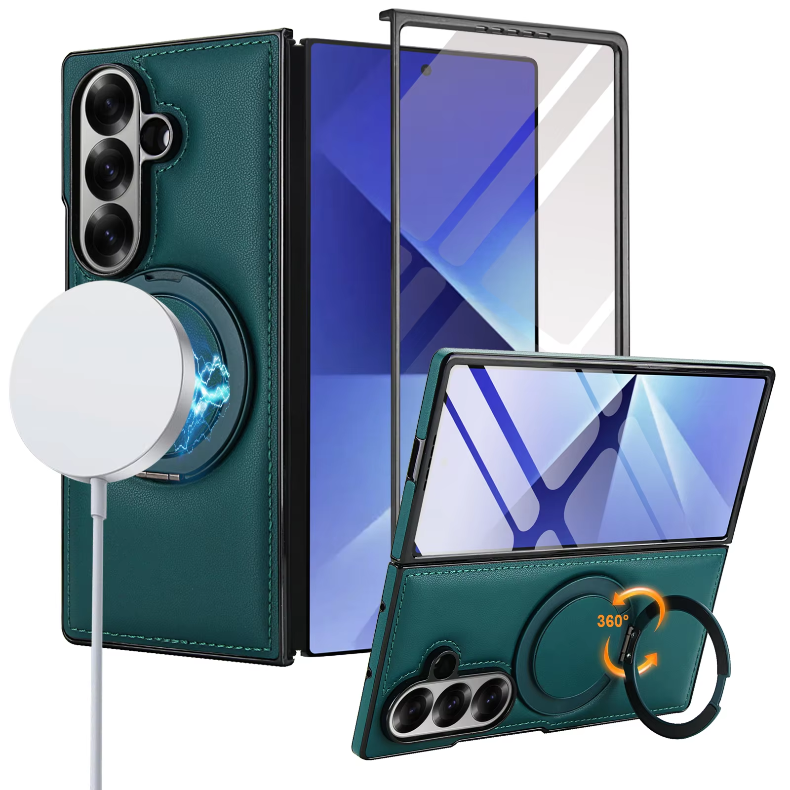 360° Magnetic Ring Kickstand Business Leather Case for Magsafe Samsung Galaxy Z Fold 7 6 5 4 3 Macsafe Holder Hard Protect Cover