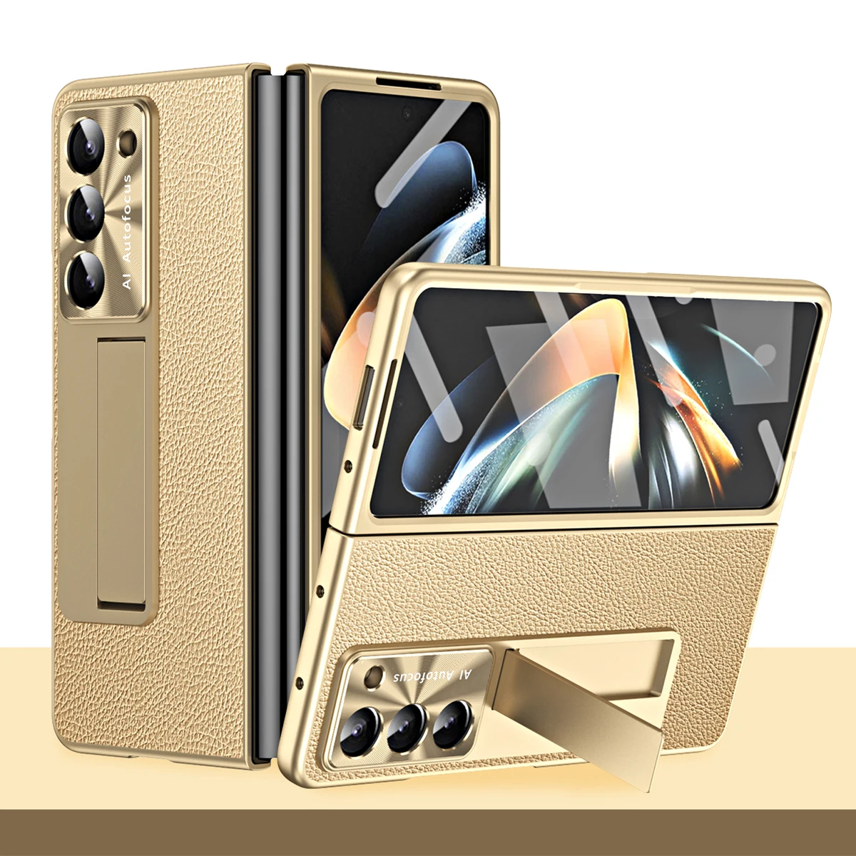 High-End Luxury Leather AG Frosted Hard PC Back Cover Case for Samsung Galaxy Z Fold 6 5 with Glass Screen Protector Phone Stand