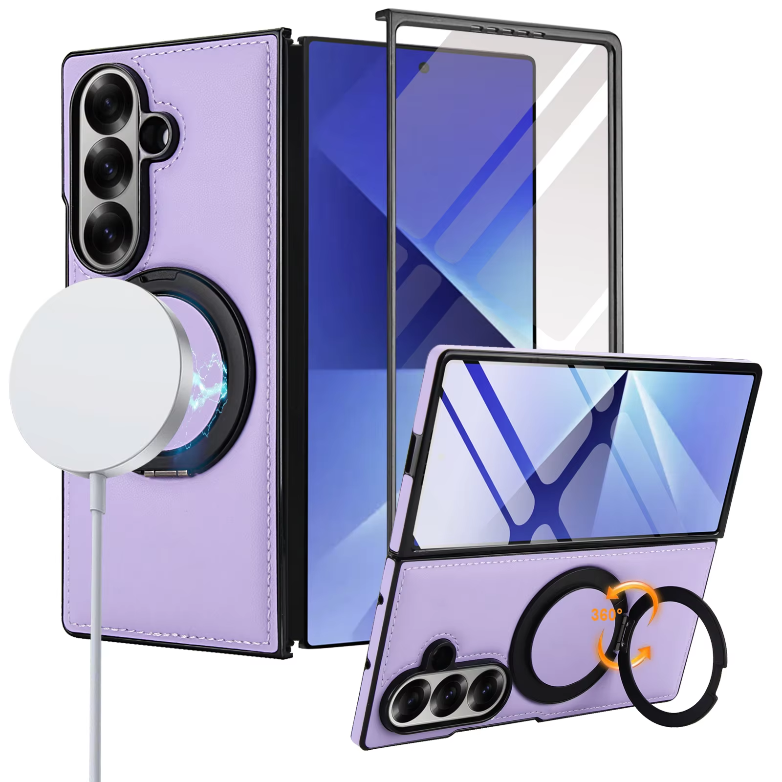 360° Magnetic Ring Kickstand Business Leather Case for Magsafe Samsung Galaxy Z Fold 7 6 5 4 3 Macsafe Holder Hard Protect Cover