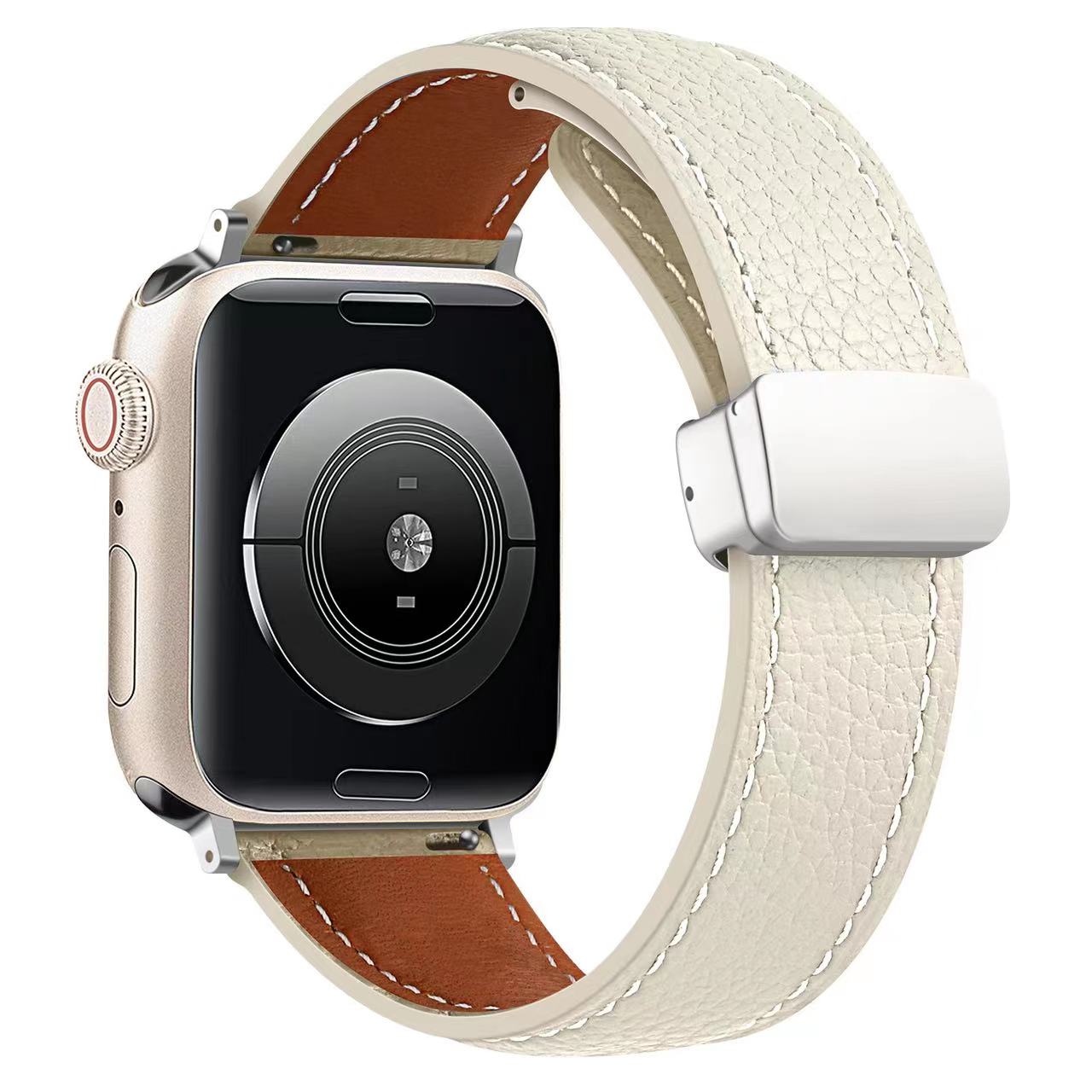 Leather Magnetic Buckle Strap for Apple Watch 44mm 42mm 46mm 45mm 41mm Ultra2 49mm Leather Band for iWatch Series 10 9 8 7 6 5