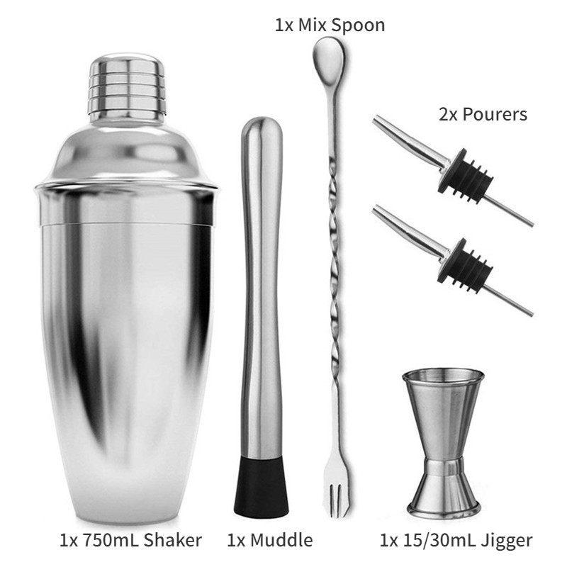 6pcs/set Stainless Steel Cocktail Shaker Mixer Wine Martini Boston Shaker For Bartender Drink Party Bar Tools 750ML