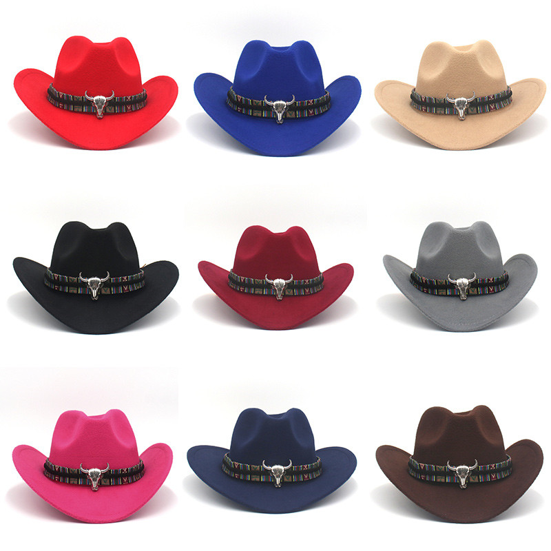 Fashion Western Cowboy Hat with Cow Head Band Wide Brim Hats Pop Jazz Hat Winter Men Women Jazz Wool Caps Cow Girl Cap