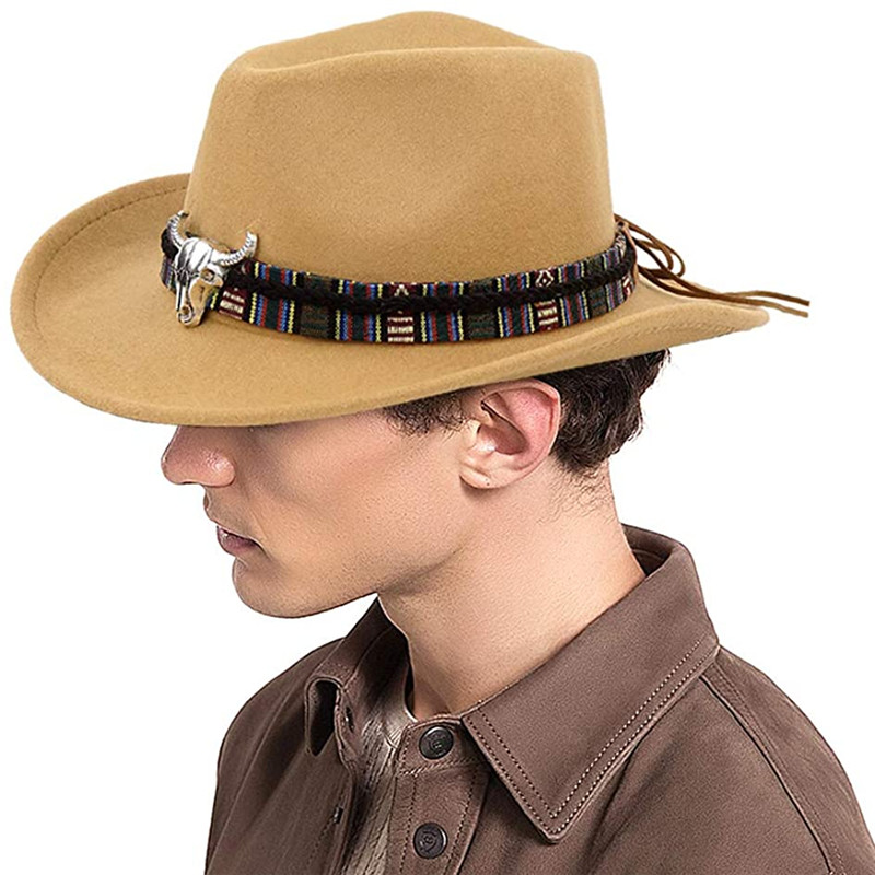 Fashion Western Cowboy Hat with Cow Head Band Wide Brim Hats Pop Jazz Hat Winter Men Women Jazz Wool Caps Cow Girl Cap