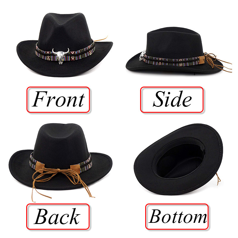 Fashion Western Cowboy Hat with Cow Head Band Wide Brim Hats Pop Jazz Hat Winter Men Women Jazz Wool Caps Cow Girl Cap