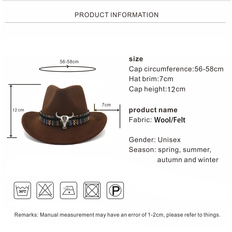 Fashion Western Cowboy Hat with Cow Head Band Wide Brim Hats Pop Jazz Hat Winter Men Women Jazz Wool Caps Cow Girl Cap