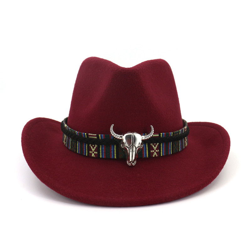Fashion Western Cowboy Hat with Cow Head Band Wide Brim Hats Pop Jazz Hat Winter Men Women Jazz Wool Caps Cow Girl Cap