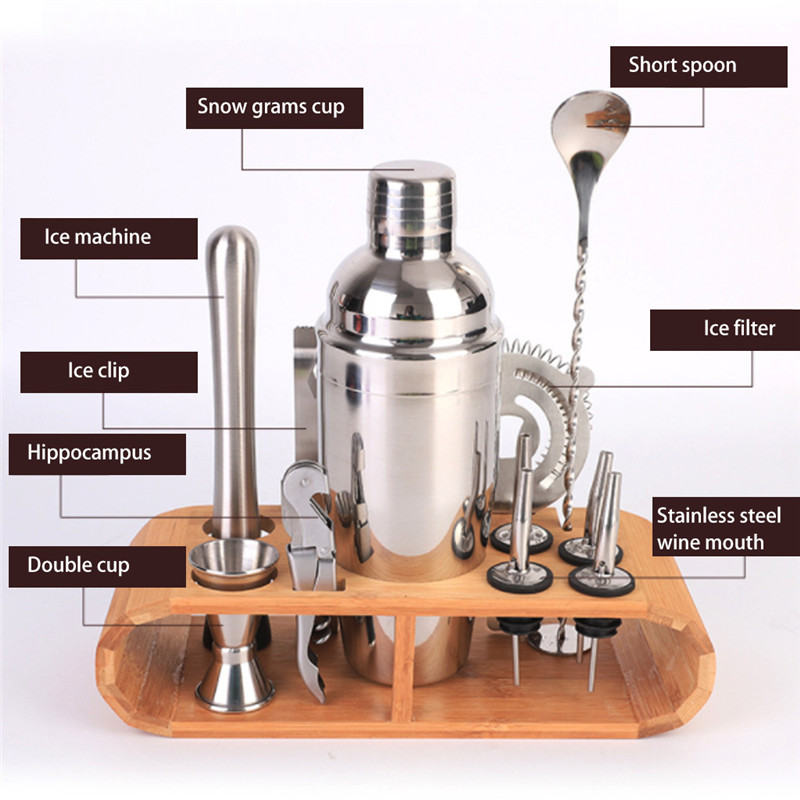12pcs/set Stainless Steel Cocktail Shaker Set 750ml Drinks Strainer Bottle Opener Maker Mixer Bar Wine Tools for Home Bar Party