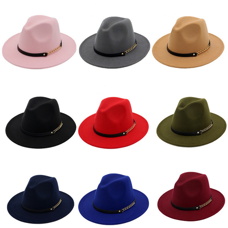 Autumn Winter Felt Fedora Hats With Belt Wide Flat Brim Jazz Caps Trilby Formal Top Hat Panama Cap For Unisex Men Women