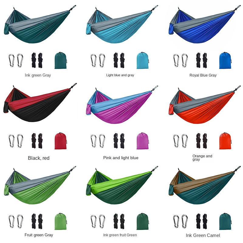 2 Person Portable Outdoor Camping Hammock with Nylon Color Matching Hammock Swing High Strength Parachute Fabric Hanging Bed