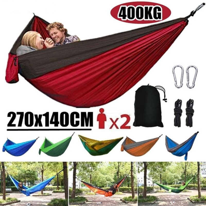 2 Person Portable Outdoor Camping Hammock with Nylon Color Matching Hammock Swing High Strength Parachute Fabric Hanging Bed