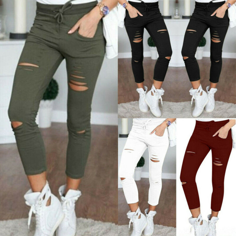 Women Skinny Ripped Long Pants High Waist Stretch Jeans Pants Elastic Waist Drawstring Pencil Trousers Casual Holes Pant