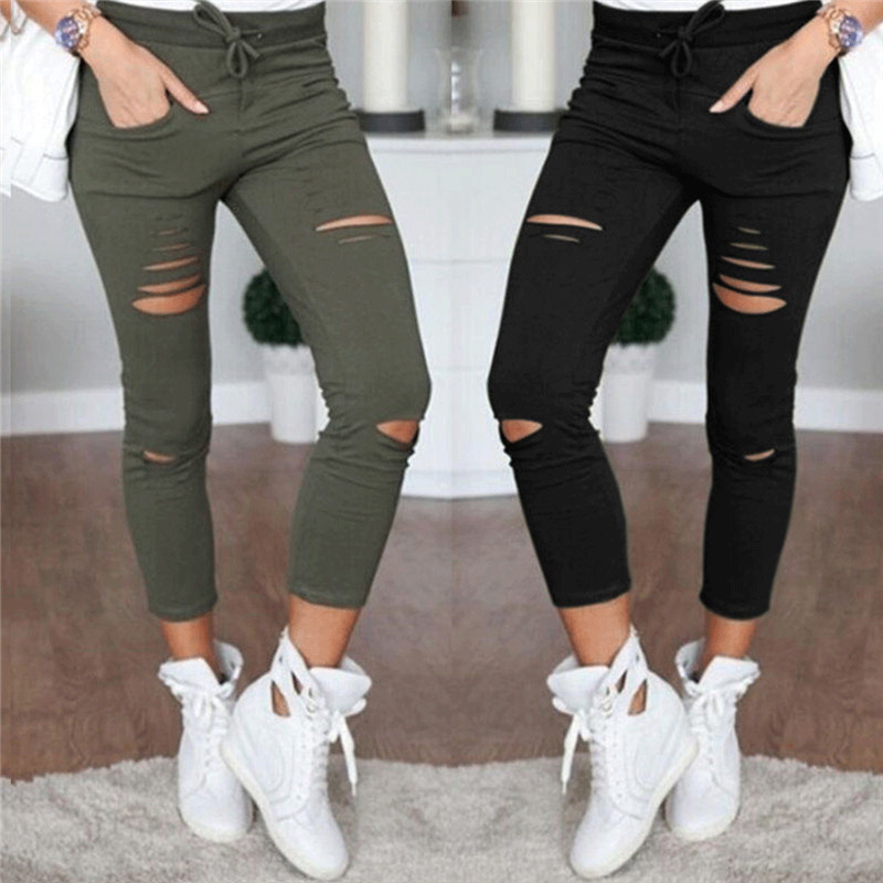 Women Skinny Ripped Long Pants High Waist Stretch Jeans Pants Elastic Waist Drawstring Pencil Trousers Casual Holes Pant
