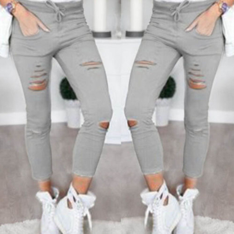 Women Skinny Ripped Long Pants High Waist Stretch Jeans Pants Elastic Waist Drawstring Pencil Trousers Casual Holes Pant