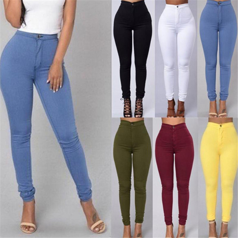 Fashion Women Denim Skinny Jeggings Pants High Waist Stretch Jeans Pure Color Slim Pencil Trousers Female Pencil Pants