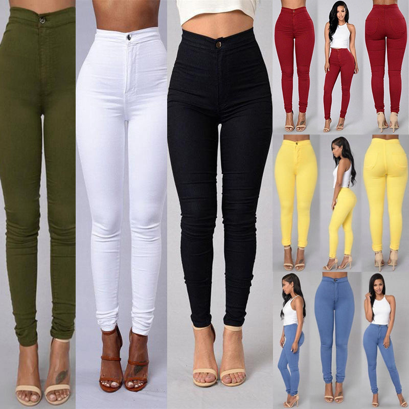 Fashion Women Denim Skinny Jeggings Pants High Waist Stretch Jeans Pure Color Slim Pencil Trousers Female Pencil Pants