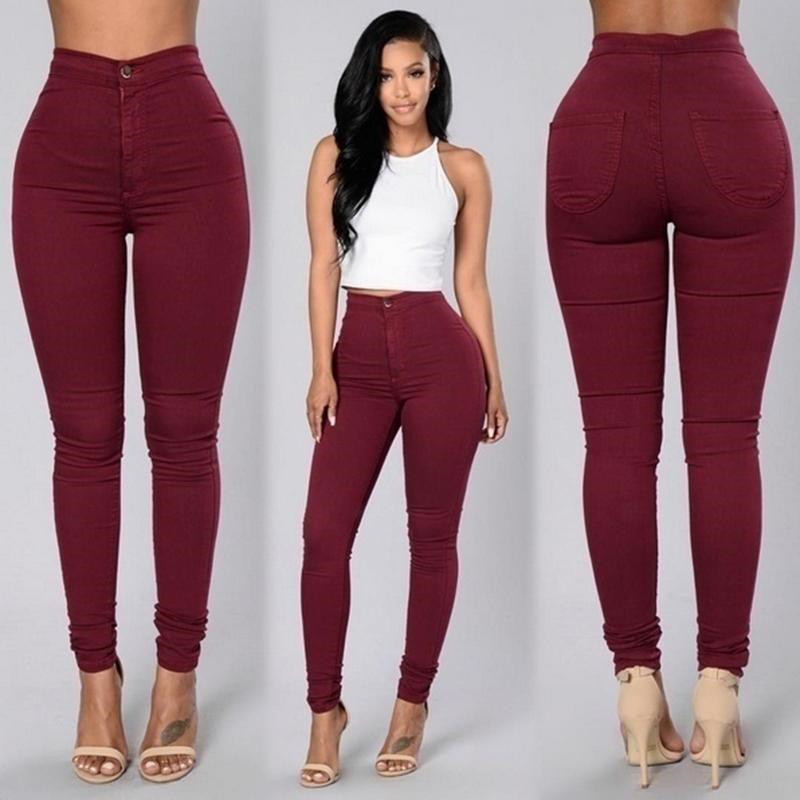 Fashion Women Denim Skinny Jeggings Pants High Waist Stretch Jeans Pure Color Slim Pencil Trousers Female Pencil Pants