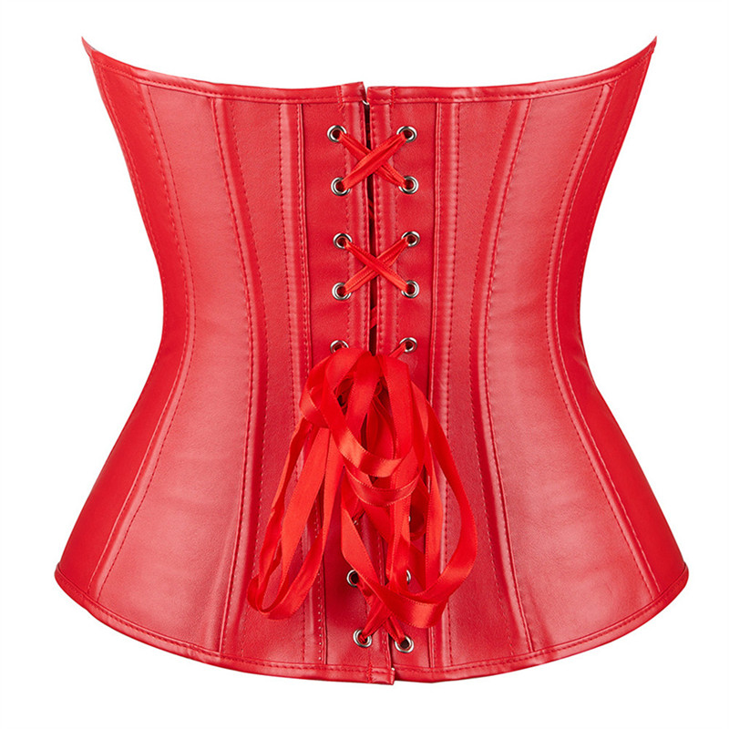 Women Faux Leather Overbust Corset Simple Elegant Black Red Bustier Plastic Boned Gothic Gorset Sexy Korset Body Shaper Belt