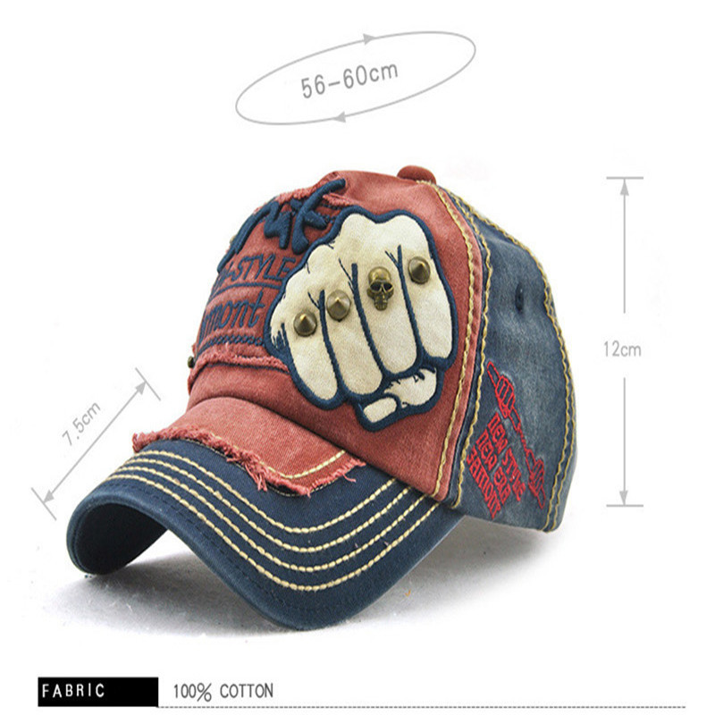Fashion Embroidery Skull Rivet Baseball Cap Cotton Fist Pattern Unisex Casual Hat Hip Hop Hats Vintage Fitted Trucker Men Caps