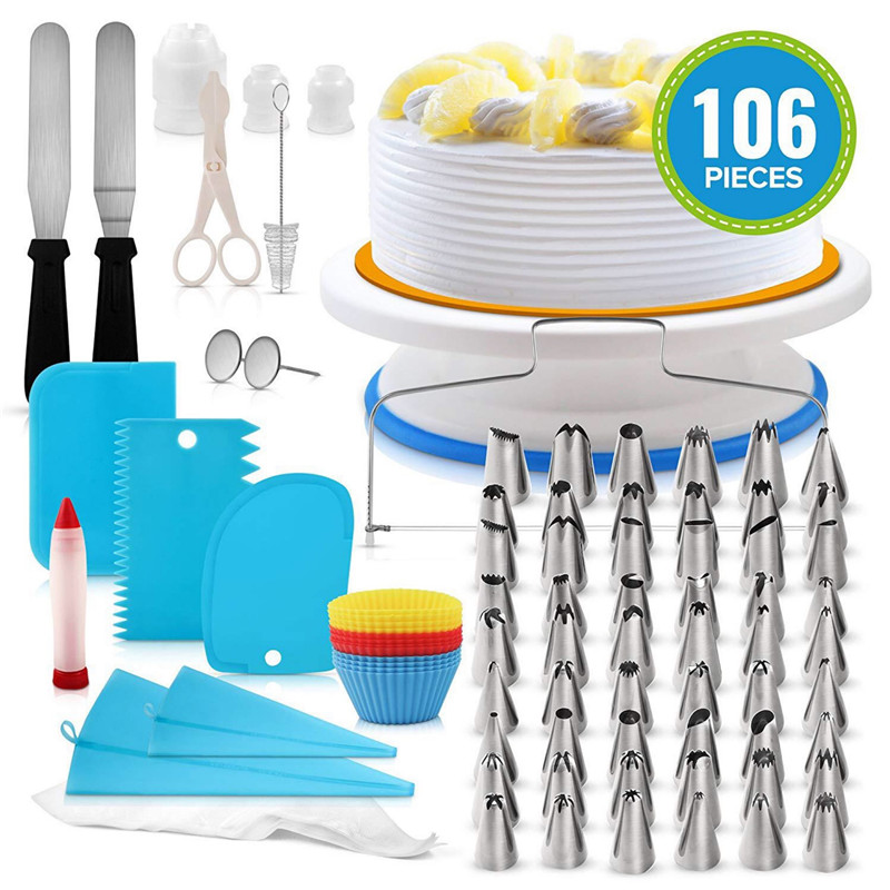 106pcs/lot Cream Pastry Nozzles Cake Decorating Tools Kit Turntable Set Confectionery Bags Icing Piping Nozzles Tips Baking Tool