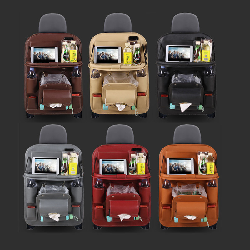 Car Seat Back Organizer PU Leather Pad Bag Car Storage Organizer Foldable Table Tray Travel Storage Bag Auto Accessories