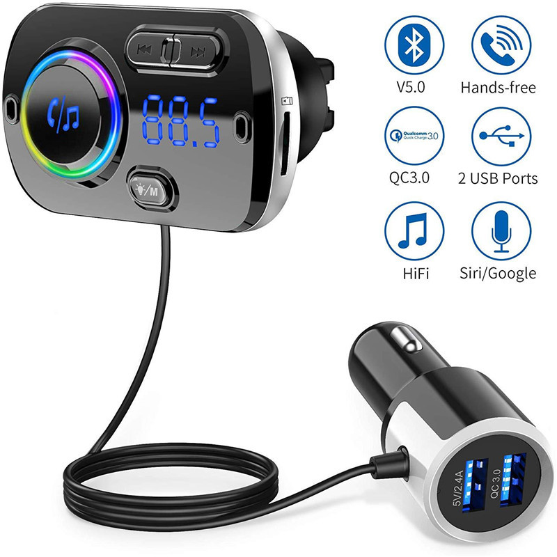 Car FM Transmitter Bluetooth 5.0 FM Modulator USB Car Charger Kit Hands-Free Calling MP3 Music Player Night Vision LED Light