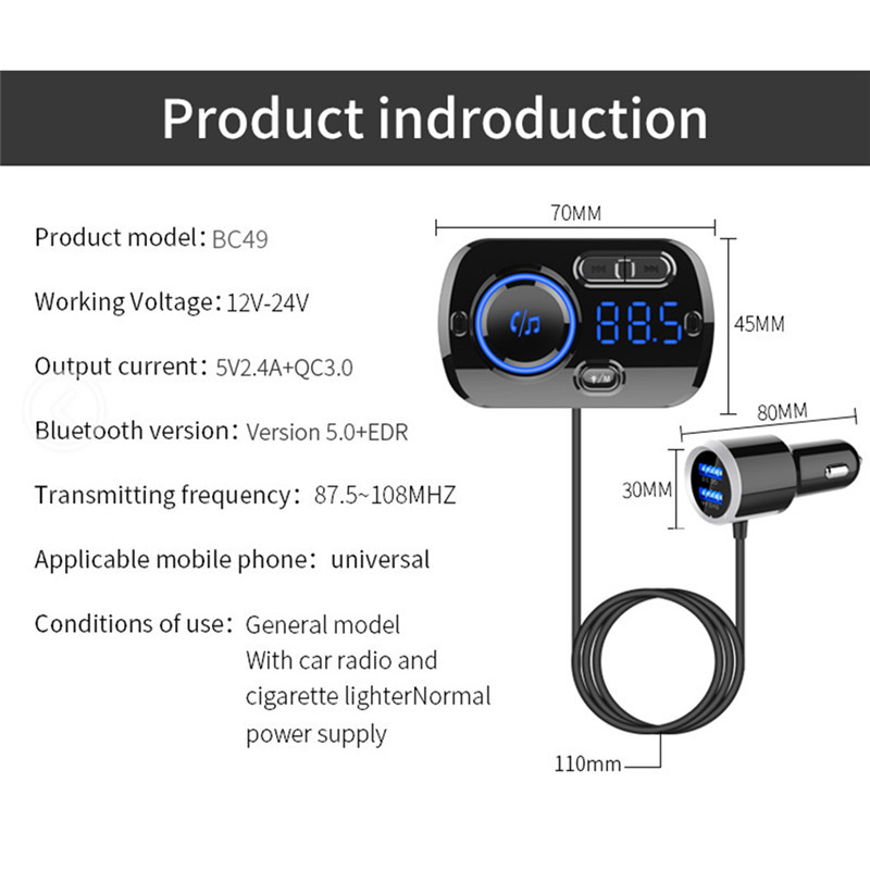 Car FM Transmitter Bluetooth 5.0 FM Modulator USB Car Charger Kit Hands-Free Calling MP3 Music Player Night Vision LED Light