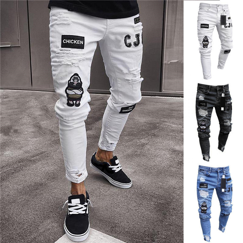Men's Embroidery Badges Ripped Jeans Autumn Male Skinny Pencil Slim Jeans High-Elastic Hip-Hop Jogging Denim Scratched Pant