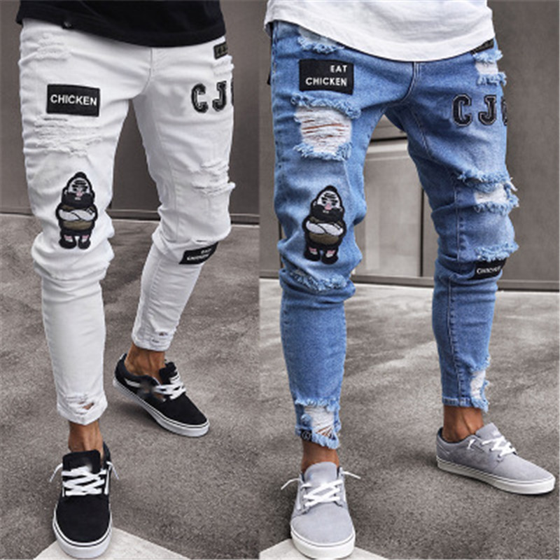 Men's Embroidery Badges Ripped Jeans Autumn Male Skinny Pencil Slim Jeans High-Elastic Hip-Hop Jogging Denim Scratched Pant