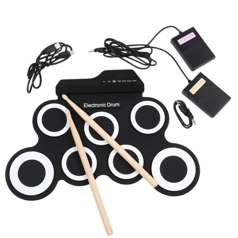Digital Electronic Drum Set With Drumsticks Foot Pedals 7 Pads USB Portable Roll Up Silicone Drum Kit for Beginners Music Lovers
