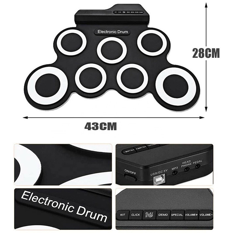 Digital Electronic Drum Set With Drumsticks Foot Pedals 7 Pads USB Portable Roll Up Silicone Drum Kit for Beginners Music Lovers